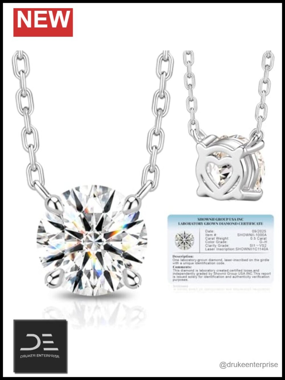 0.5-1CT Lab Grown Diamond Solitaire Pendant Necklace, 14k White Gold Plated